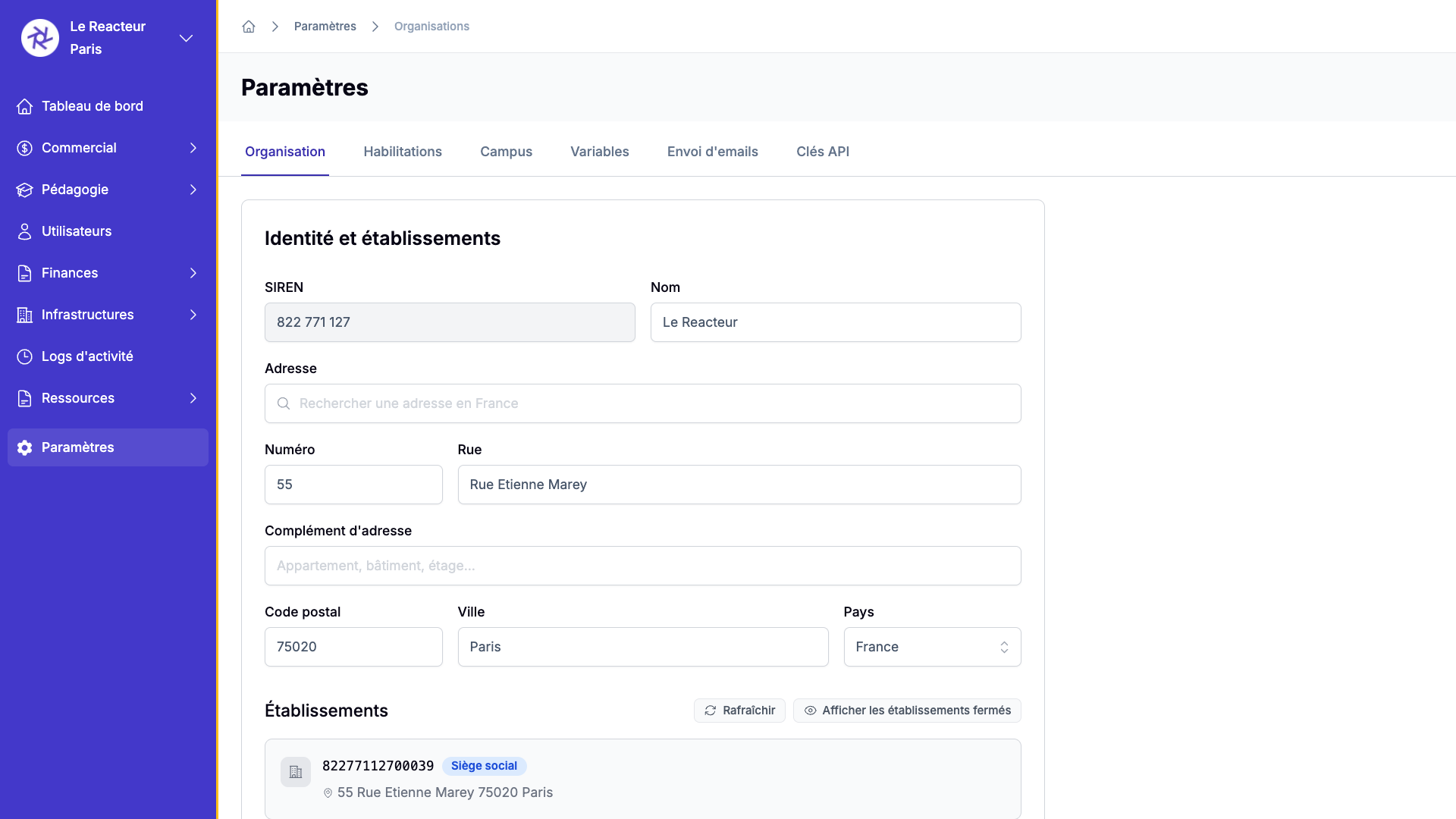 Paramètres organisation