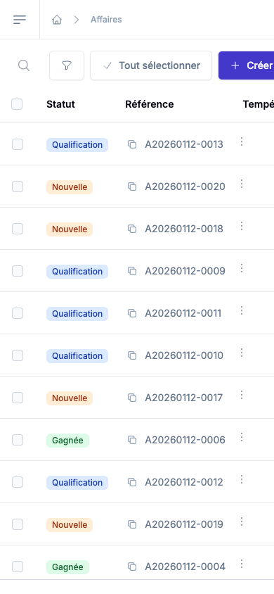Interface Parcourama mobile - Liste des affaires