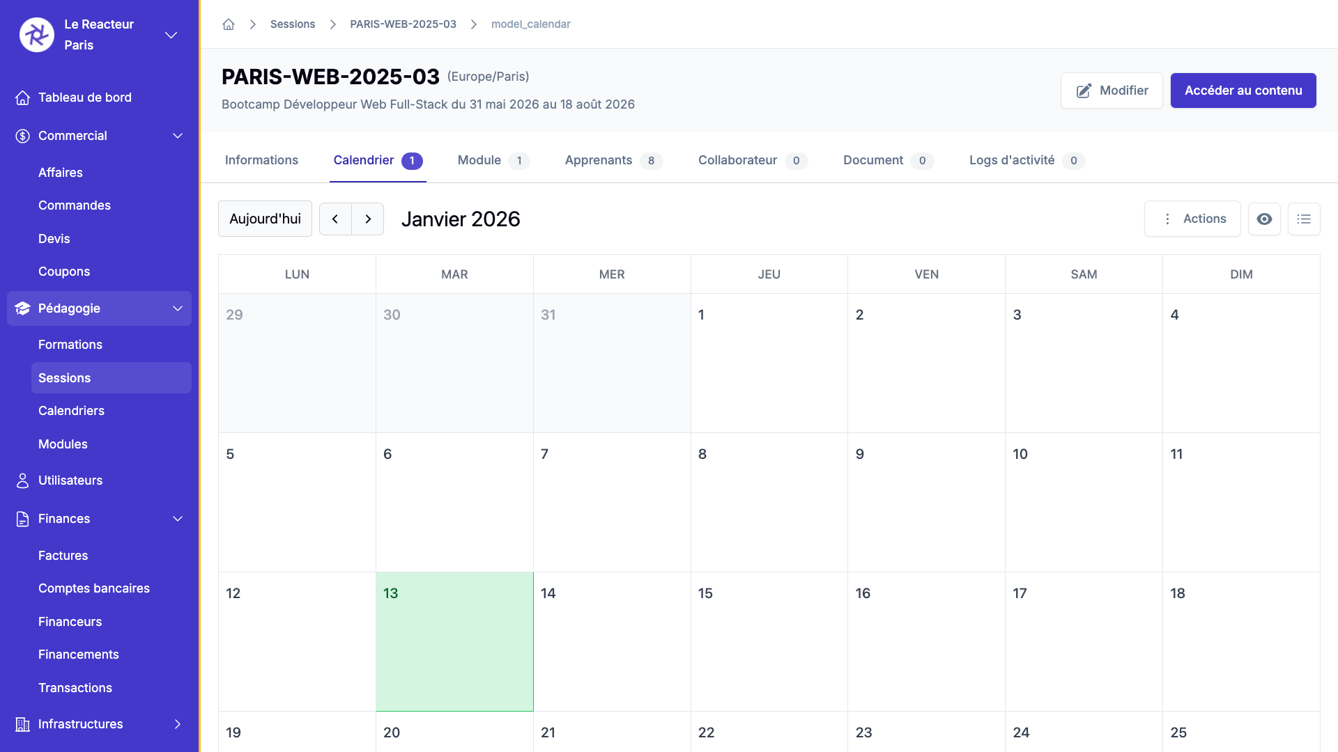Calendrier des sessions