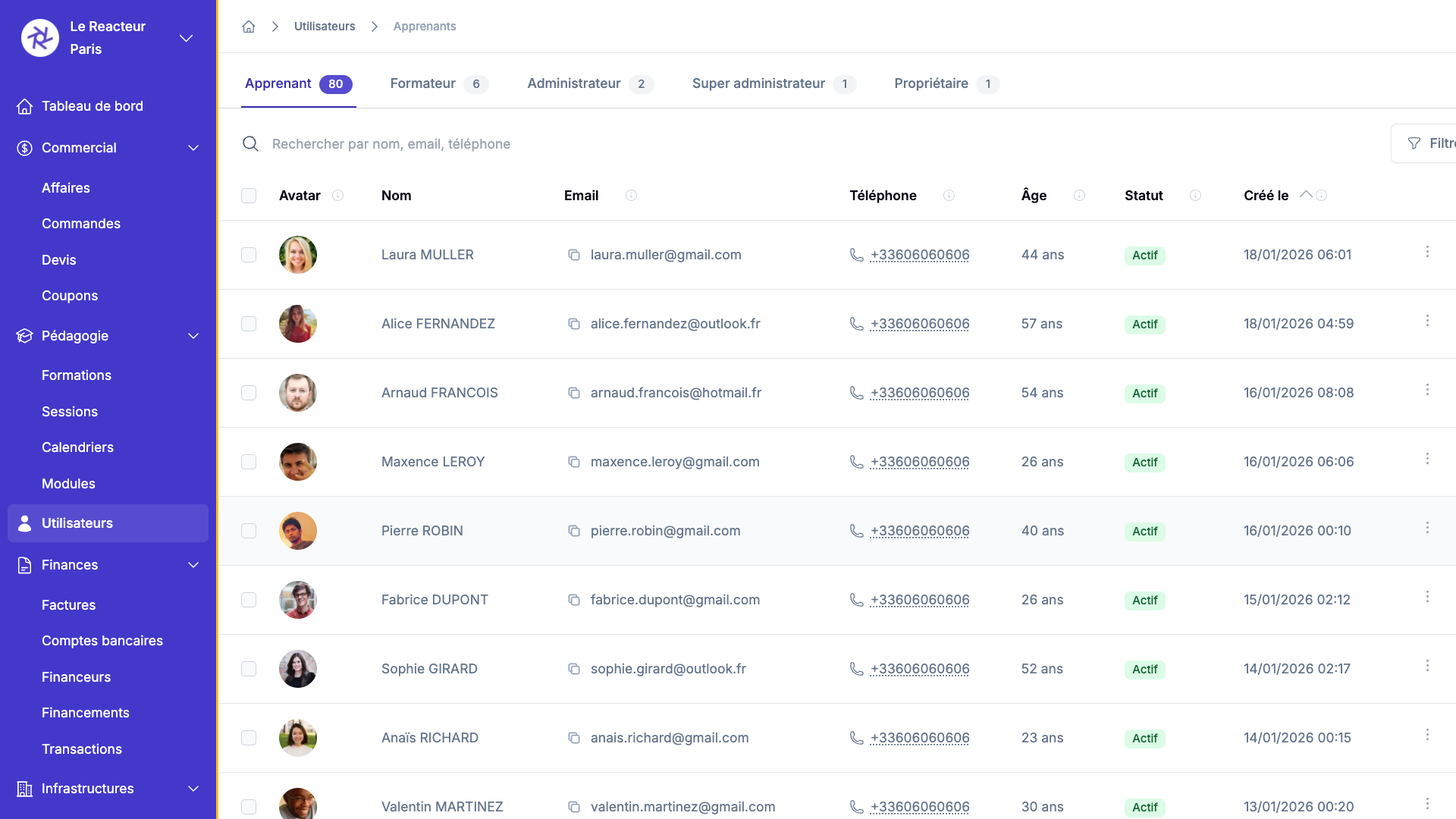 Liste des apprenants