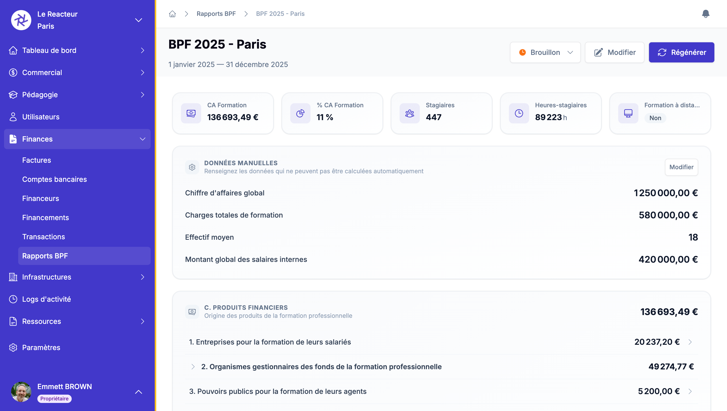 Interface Parcourama - Rapport BPF avec chiffre d'affaires, stagiaires et produits financiers
