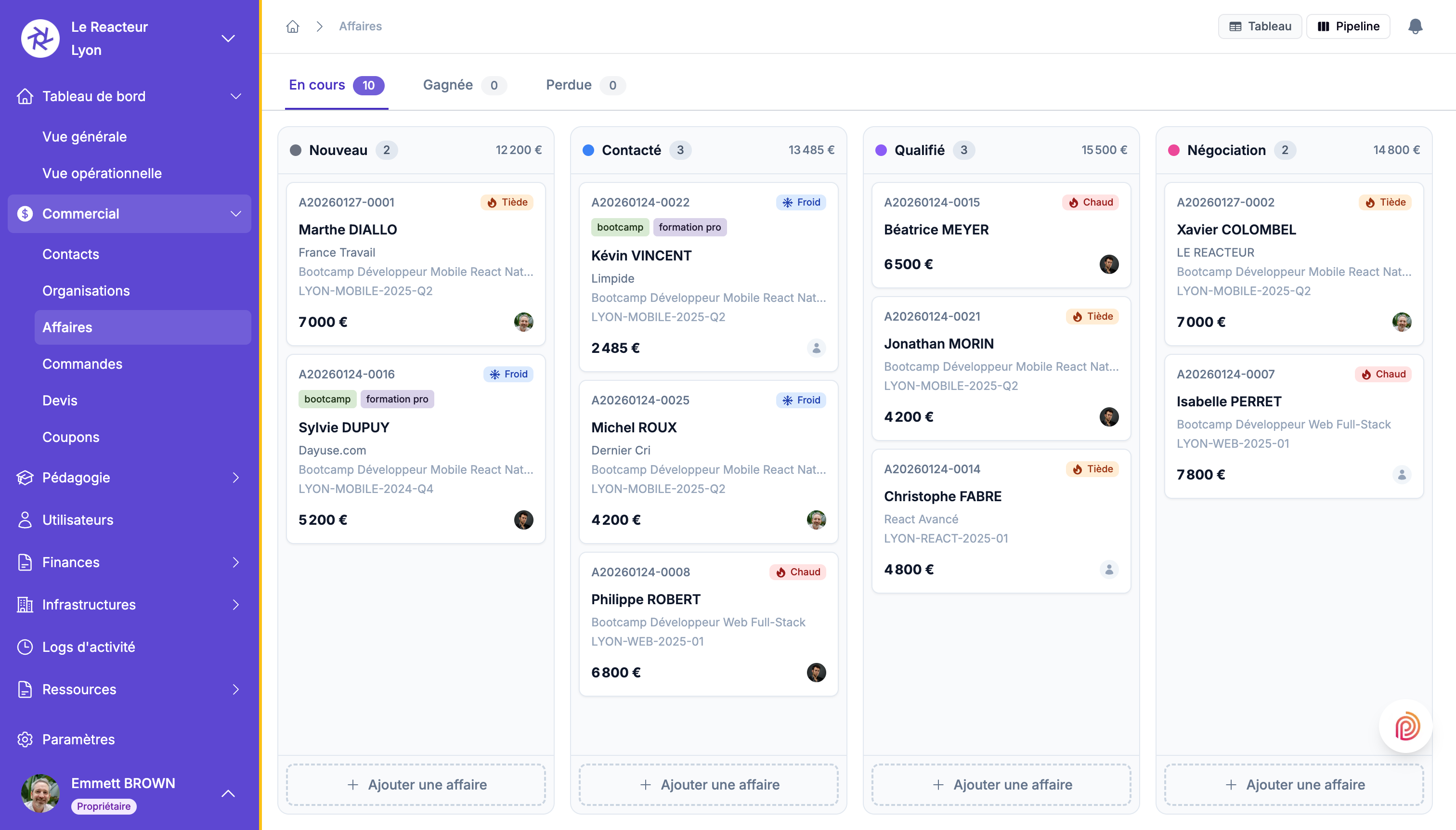 Interface Parcourama - Liste des affaires (vue tableau)